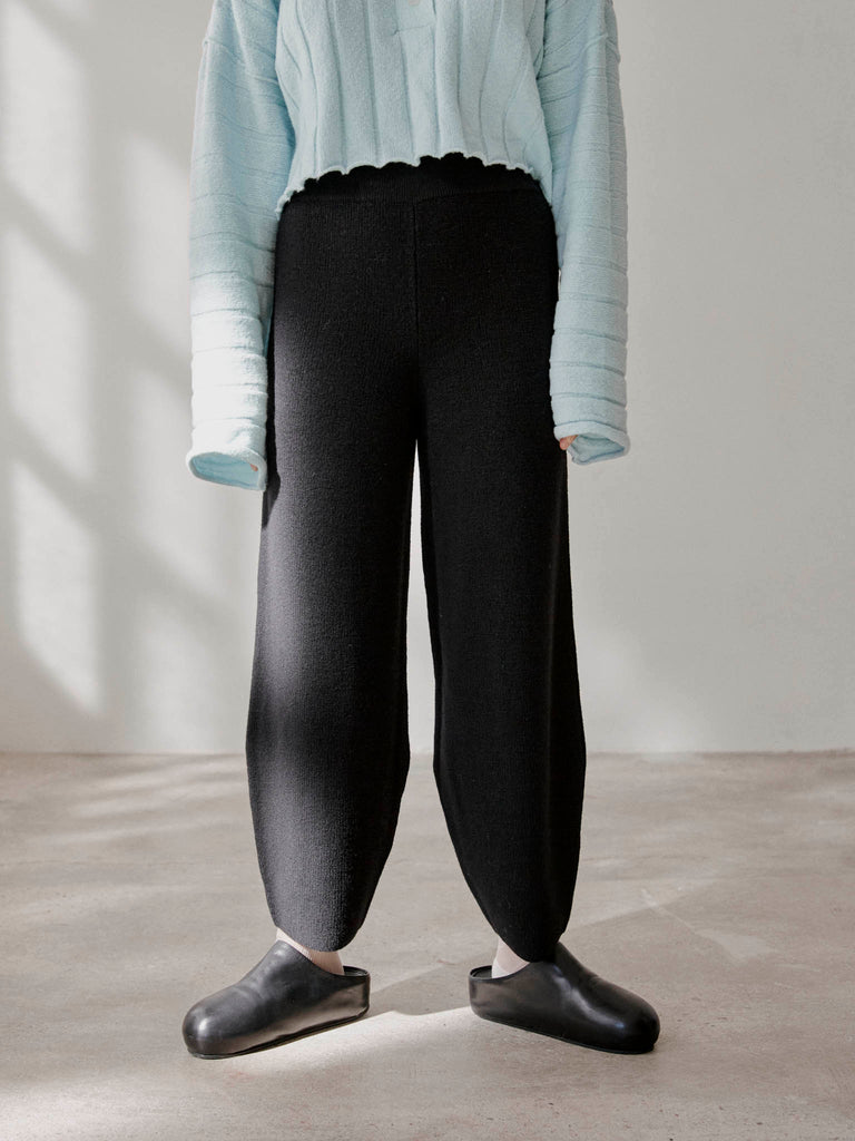 RUS Naifu - Ribbed rounded pants 100% Merino wool Relaxed fit Black