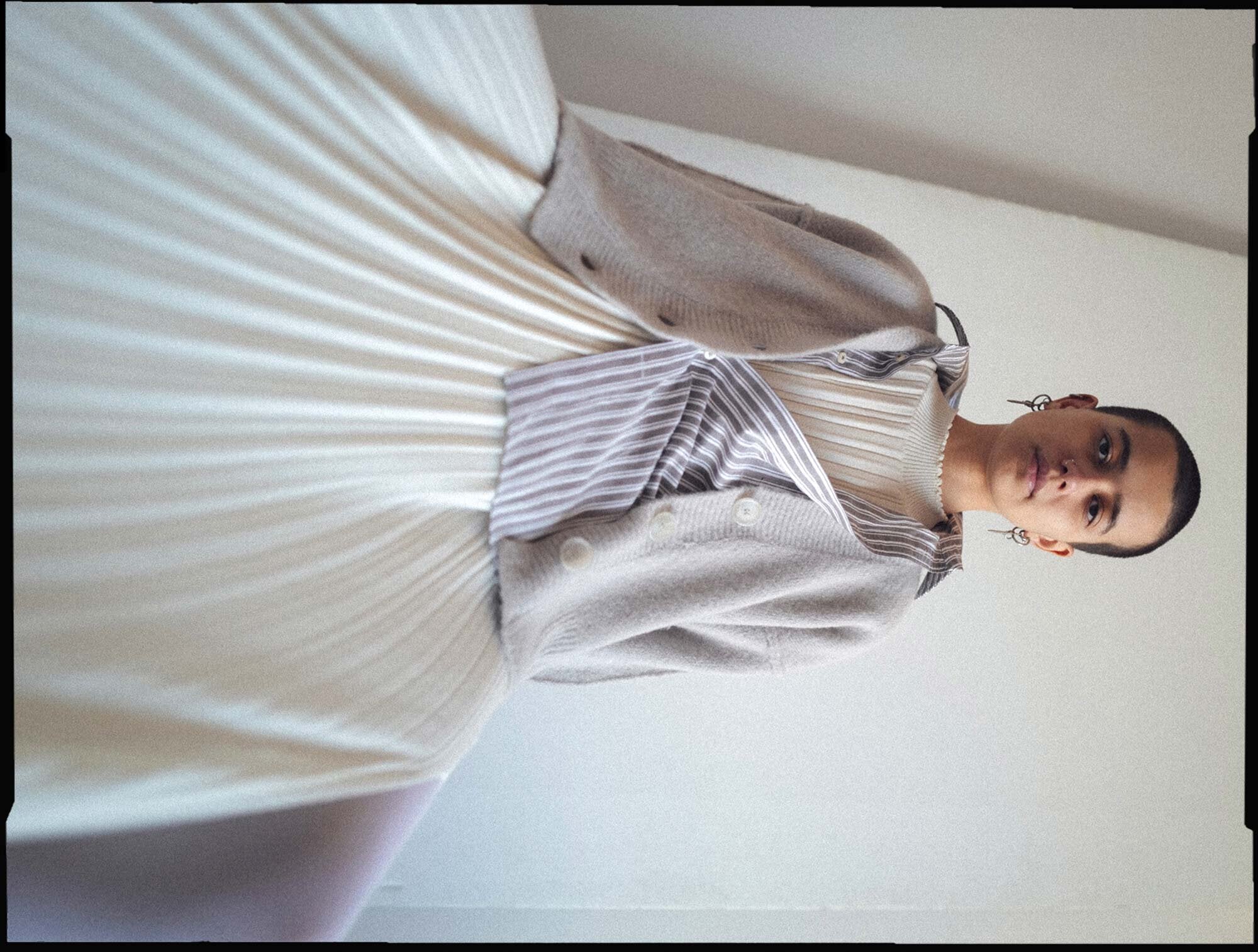 MOMO cardigan in Ice and HIGASA dress in Chalk.