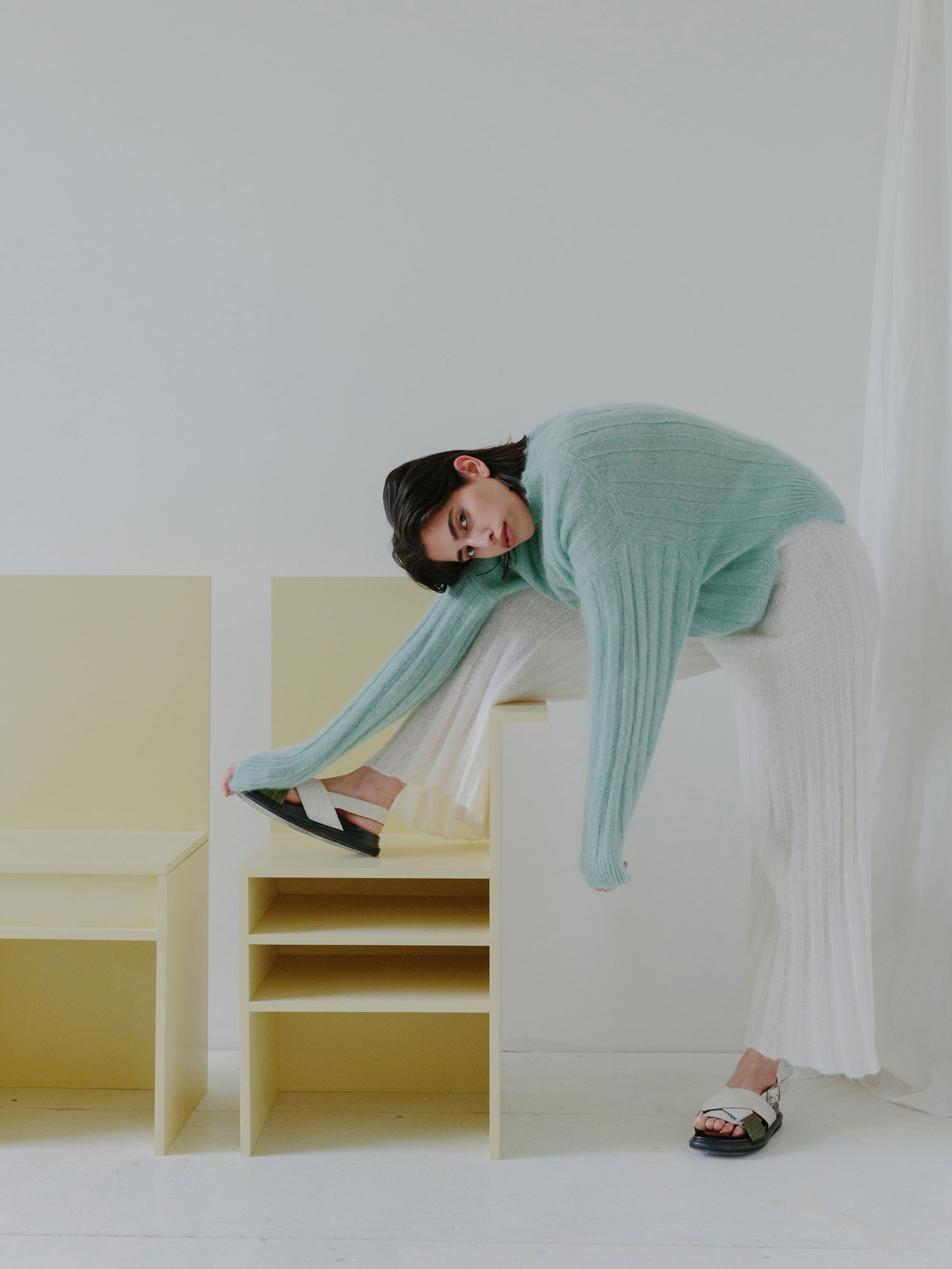 MAKURA sweater in Mint and SHOJI pants in Chalk.