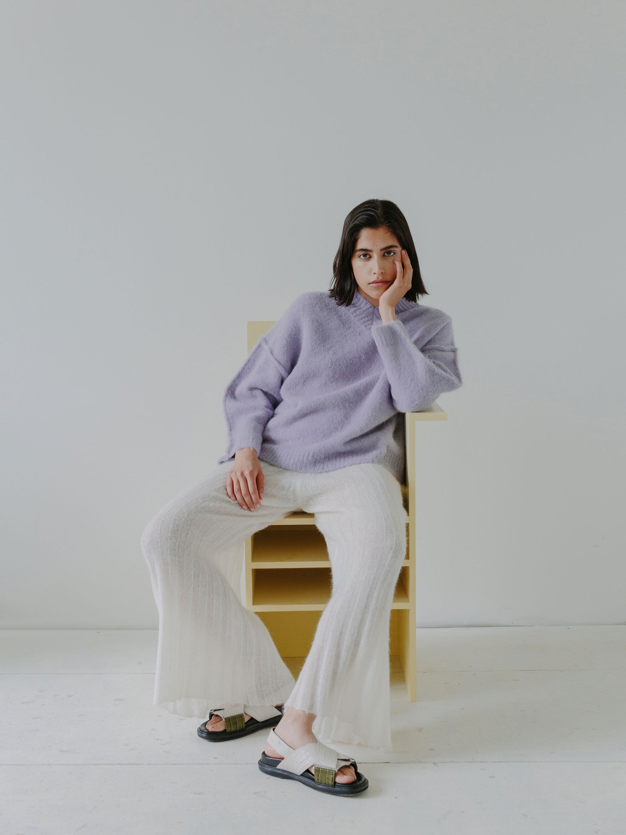KIRUTO sweater in Lavender and SHOJI pants in Chalk.