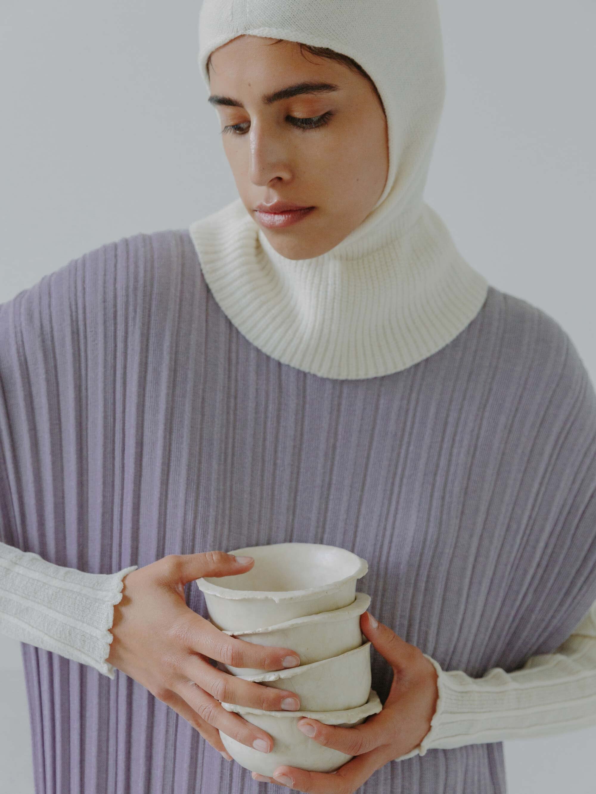 RANPU headpiece in Chalk, HIGASA dress in Lavender and NOTO sweater in Chalk.