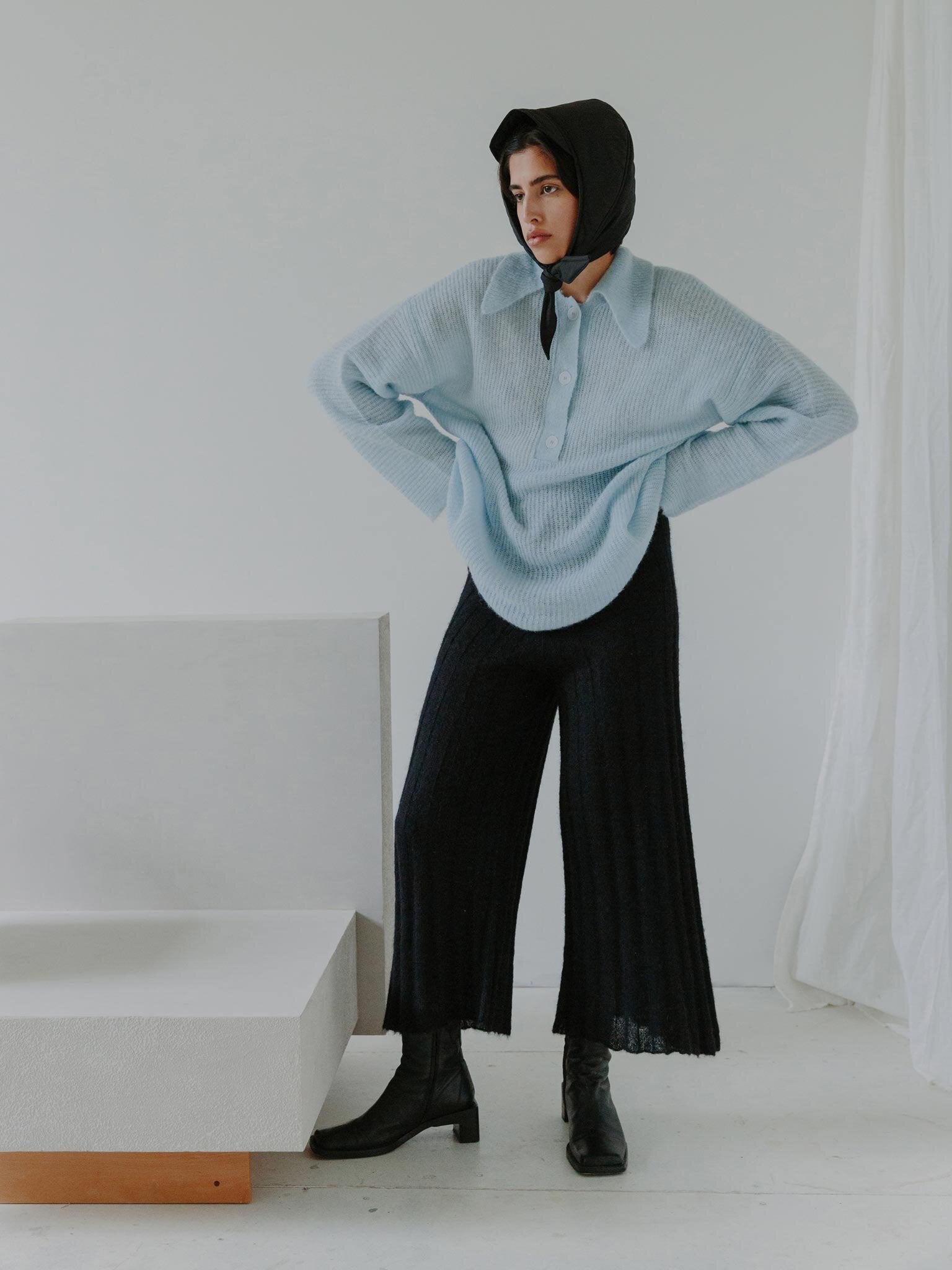 NORI head scarf in Ink, FUKU polo sweater in Pale Blue and SHOJI pants in Ink.