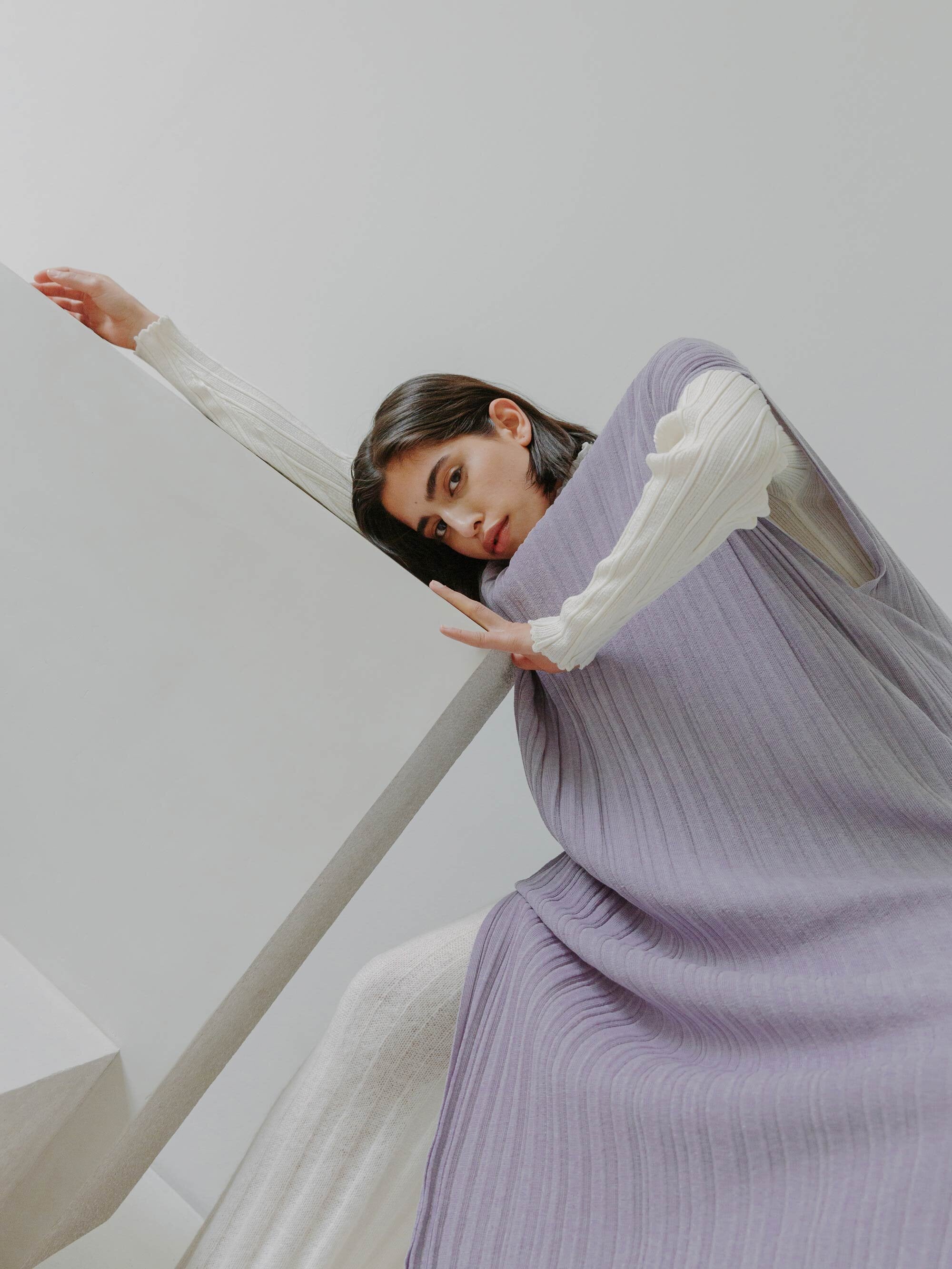HIGASA dress in Lavender, NOTO sweater in Chalk and SHOJI pants in Chalk.