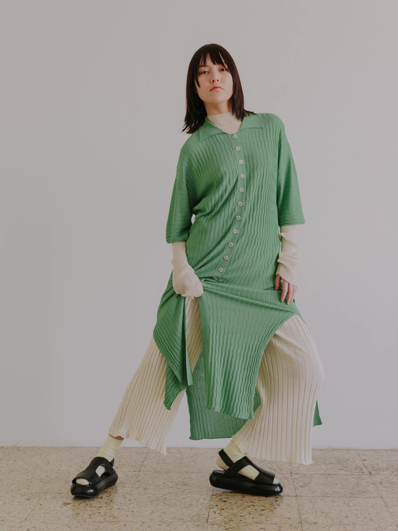 NAMI dress in Matcha, NIWA sweater and OMBRE pants in Eggshell.