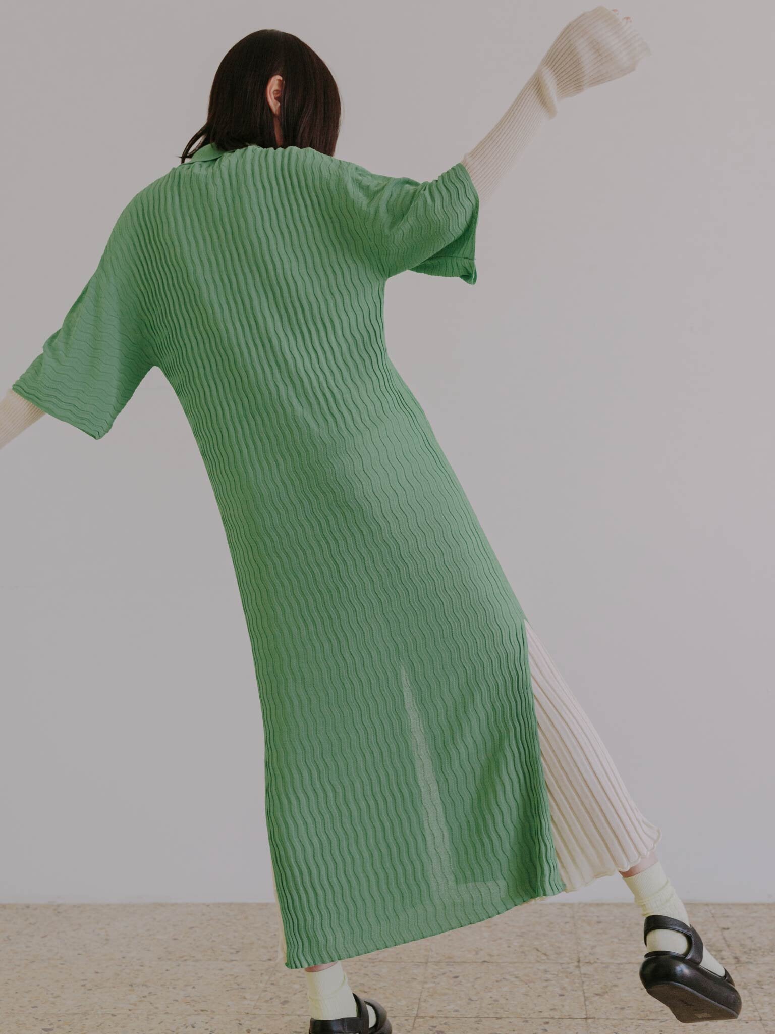 Nami dress in Matcha and Ombre pants in Eggshell.